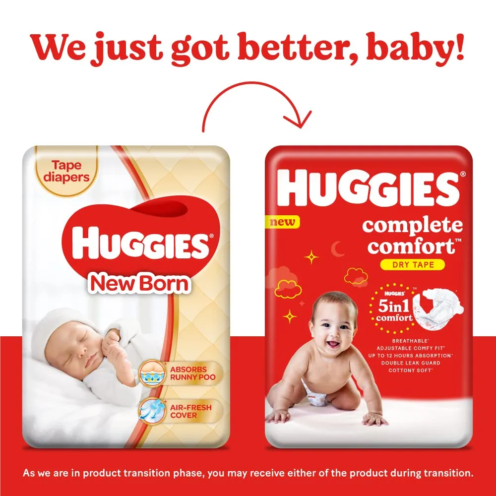 Huggies Complete Comfort Dry Tape Newborn - Small (NB-S) Size Baby Tape Diapers, 36 count, with 5 in 1 Comfort