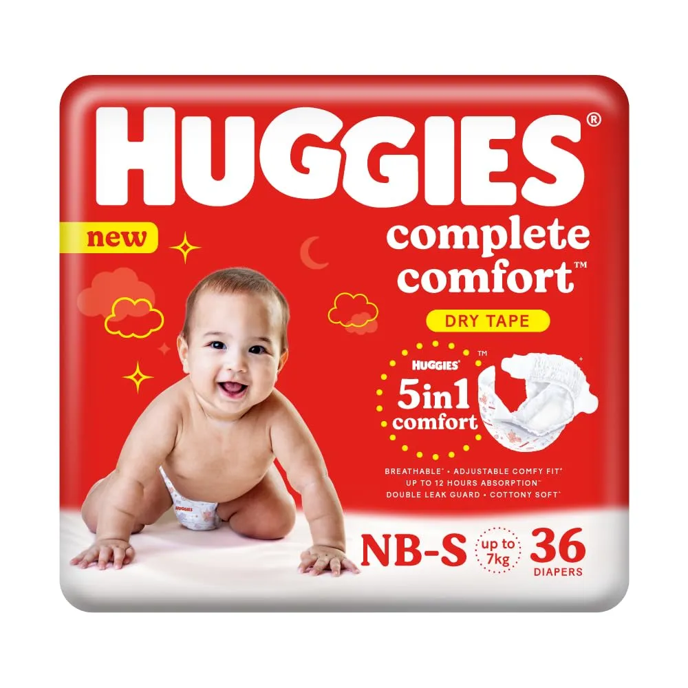 Huggies Complete Comfort Dry Tape Newborn - Small (NB-S) Size Baby Tape Diapers, 36 count, with 5 in 1 Comfort