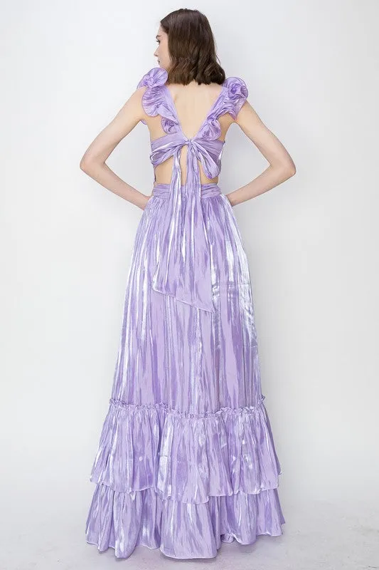 Lavender Shimmery Woven Ruffle Shoulder Tiered Maxi Dress