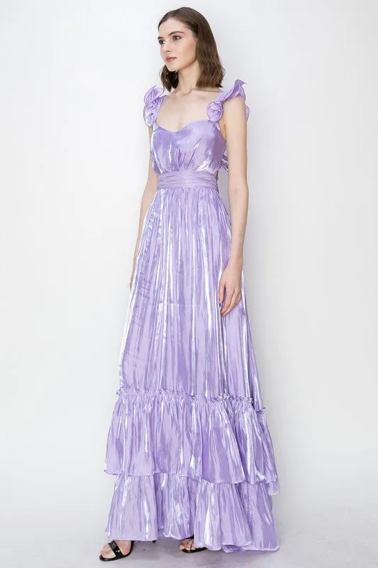 Lavender Shimmery Woven Ruffle Shoulder Tiered Maxi Dress