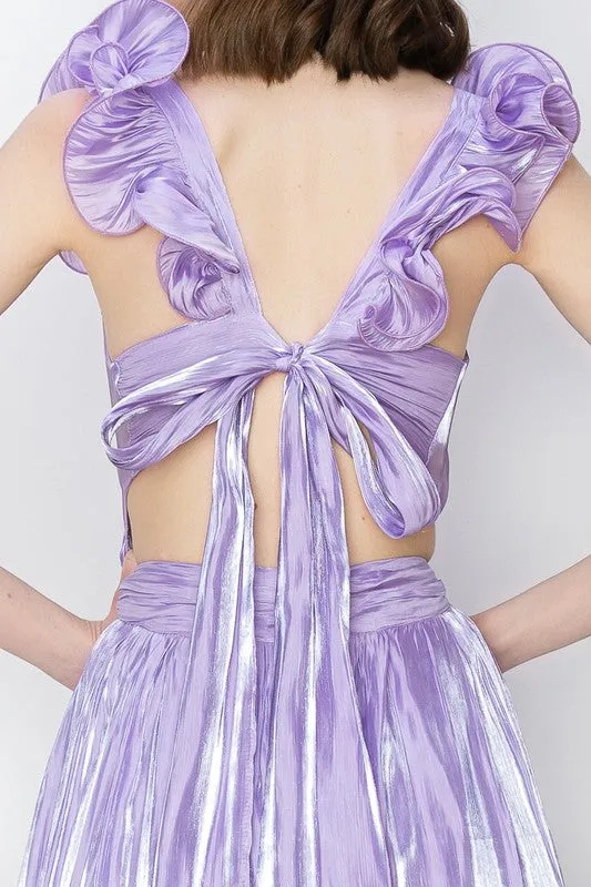 Lavender Shimmery Woven Ruffle Shoulder Tiered Maxi Dress