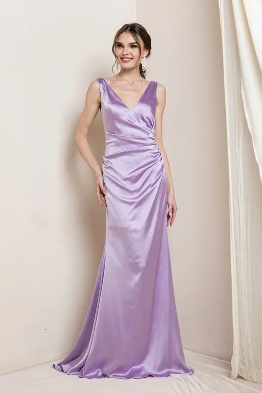 Lavender V Neck Satin Maxi Evening Dress