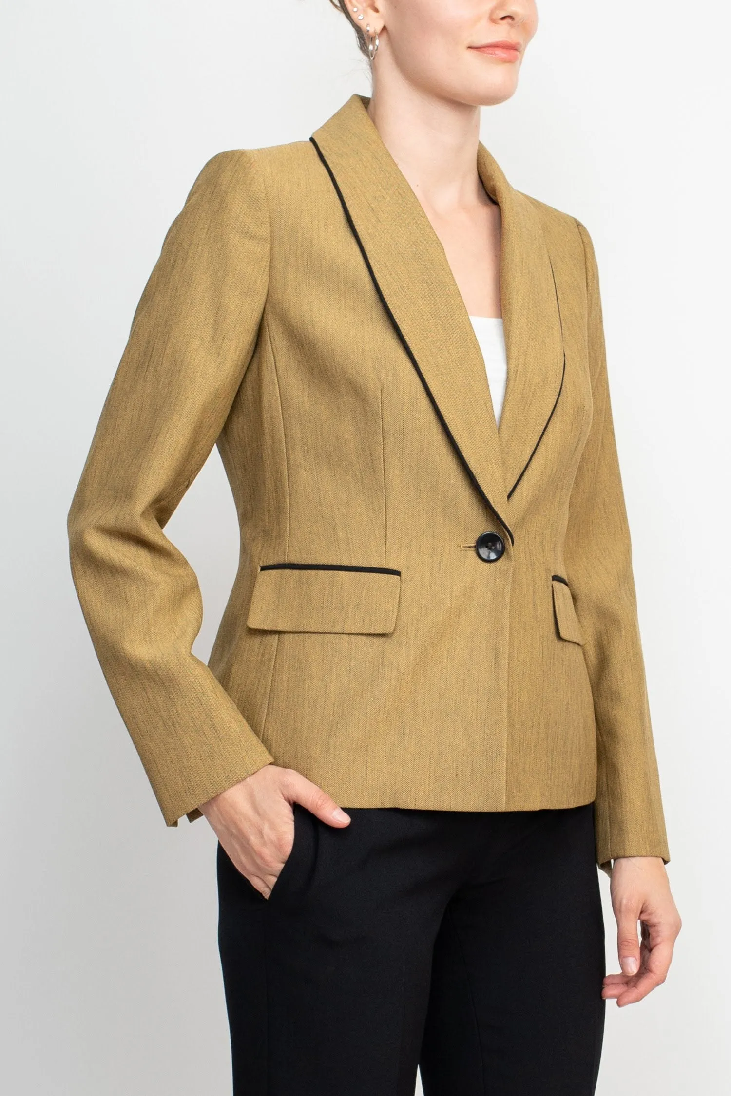 Le Suit Shawl Collar Long Sleeve Mini Herringbone Piping Detail Flap Pockets Jacket with Mid Waist Button Zipper Closure Pockets Slim Pants (Two Piece)