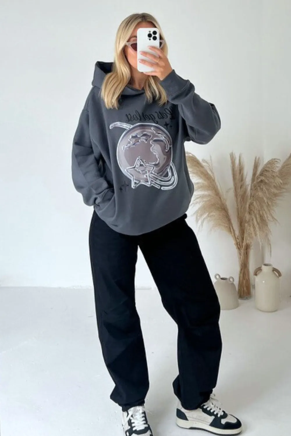 Lets get lost steel grey printed  relaxed hoodie