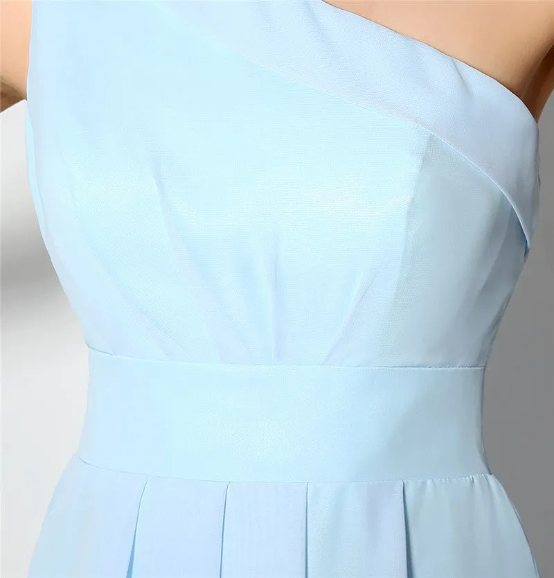 Light Blue One Shoulder Chiffon Knee Length Homecoming Dresses