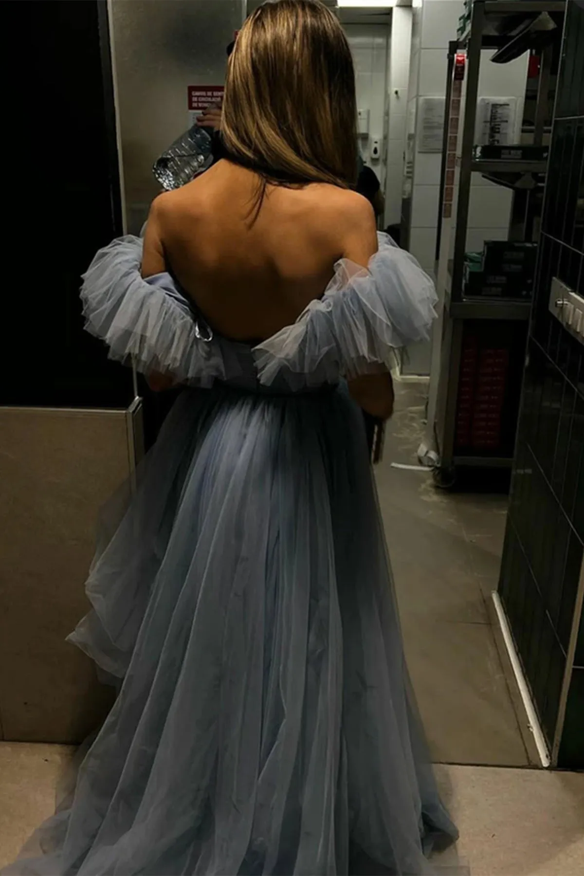 Light Blue Tulle Off Shoulder Long Prom Dresses, Off the Shoulder Formal Dresses, Blue Evening Dresses WT1169