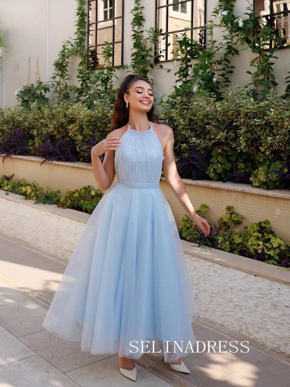 Light Sky Blue Halter Prom Dresses Ankle-length Tulle Cheap Formal Dresses SKO004