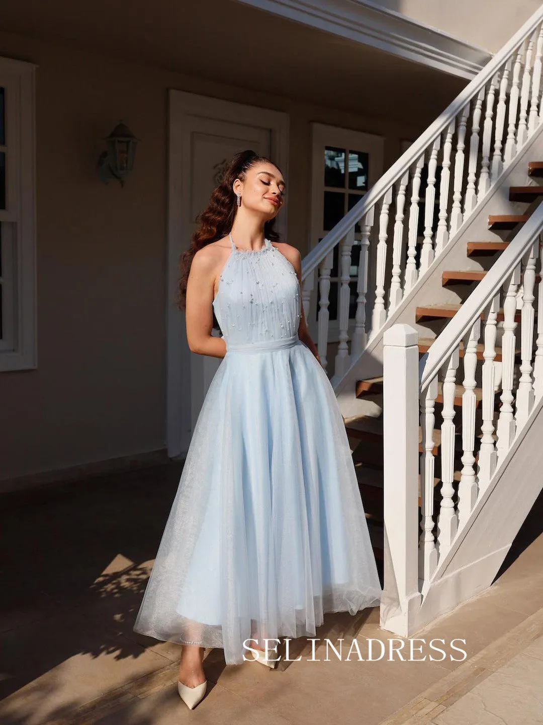 Light Sky Blue Halter Prom Dresses Ankle-length Tulle Cheap Formal Dresses SKO004