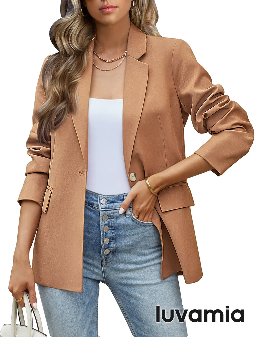 luvamia Blazers for Women Business Casual Long Sleeves Work Professional Suits Dressy Jackets with Pocket Office Outfits