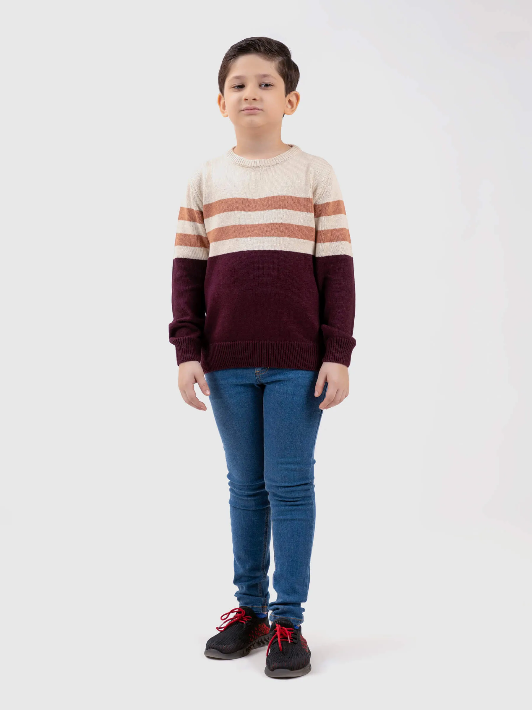 Maroon & Beige Striped Crew Neck Casual Jumper