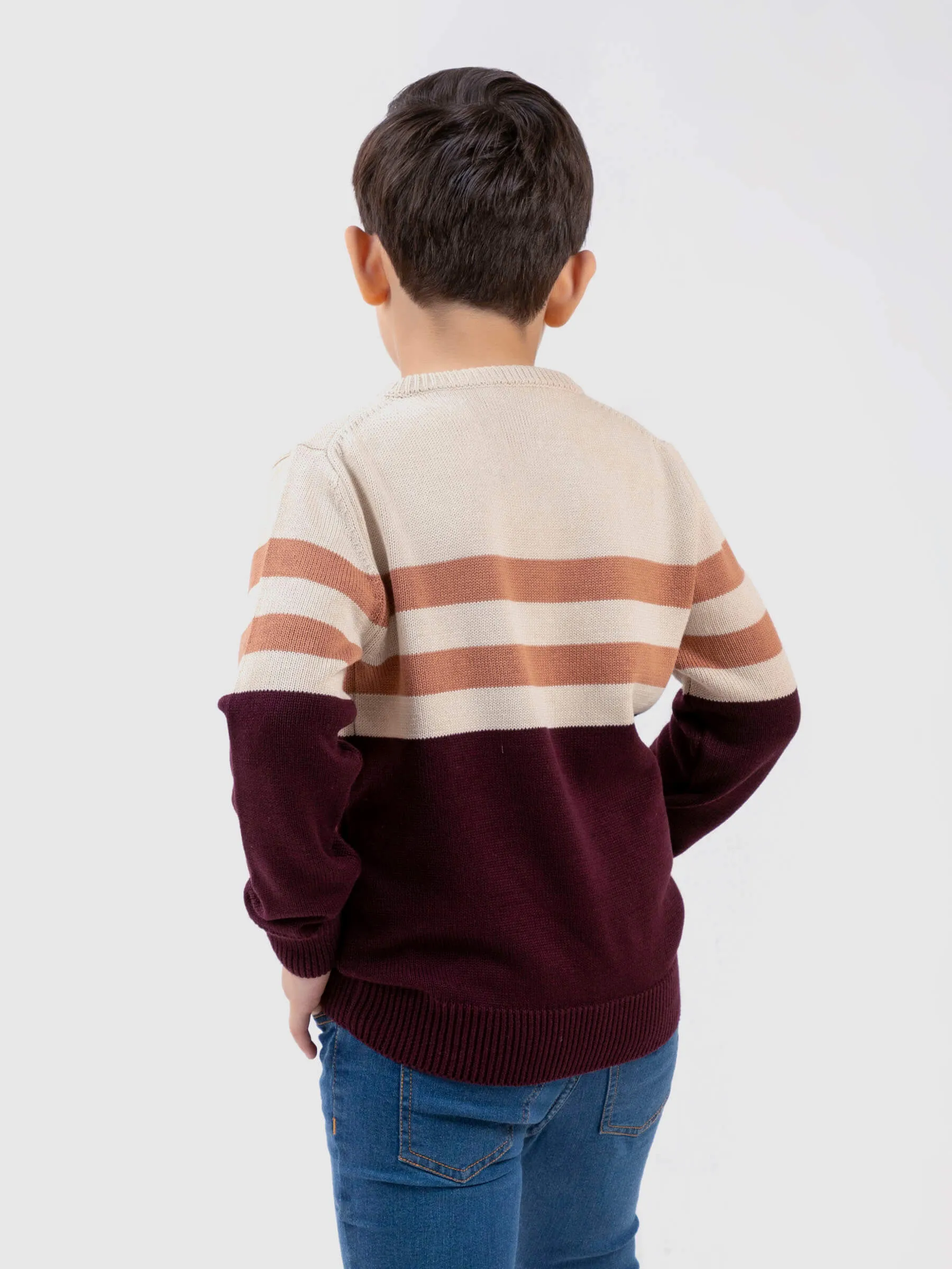 Maroon & Beige Striped Crew Neck Casual Jumper