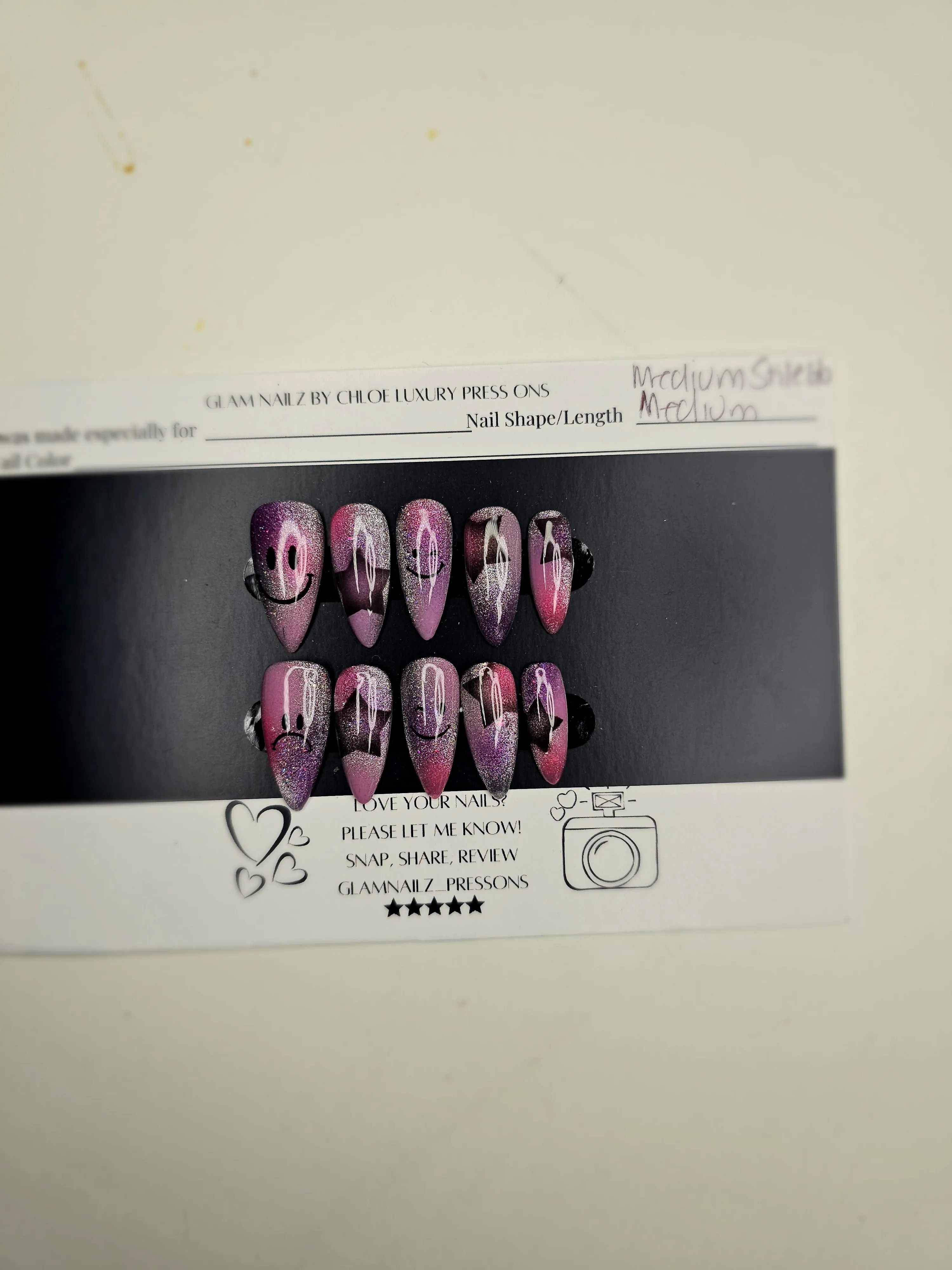 Medium Almond Airbrushed Press-On Nails | Smiley & Sad Face Design with Cat Eye Shimmer Base