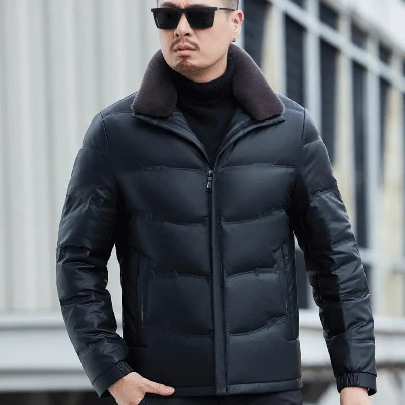 Men's Genuine Sheepskin Leather Winter Coat with Lamb Collar – Thickened Down Outerwear