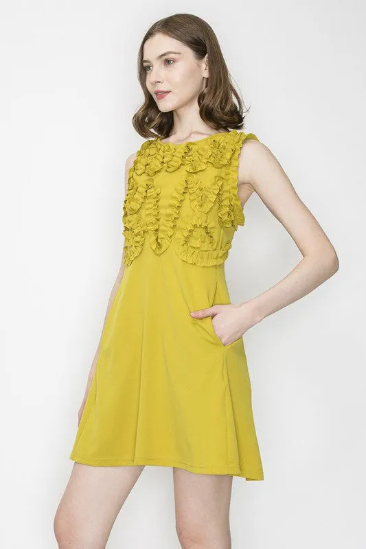 Mustard Crewneck Floral Ruffled Sleeveless Mini Dress