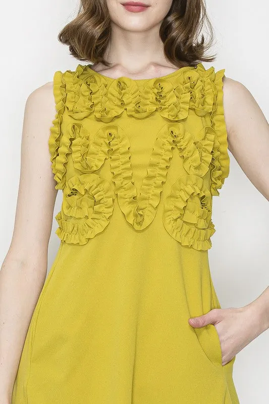 Mustard Crewneck Floral Ruffled Sleeveless Mini Dress