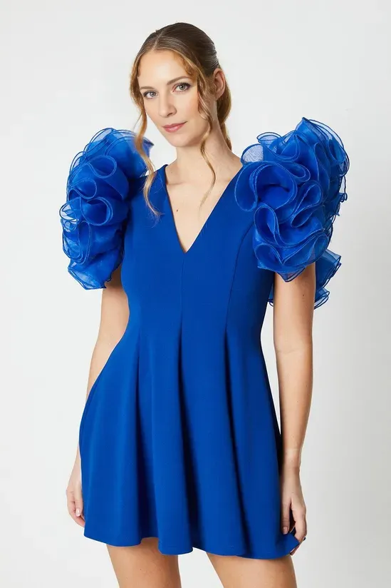 Organza Ruffle Sleeve Crepe Mini Dress Wedding Guest Dresses Cocktail Dresses