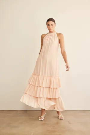 Peach Halter Neck Ruffled Maxi Dress