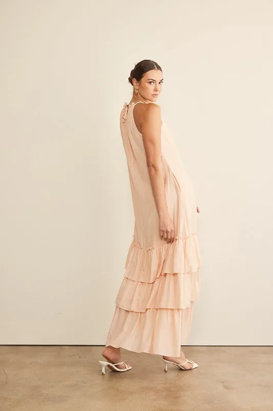 Peach Halter Neck Ruffled Maxi Dress