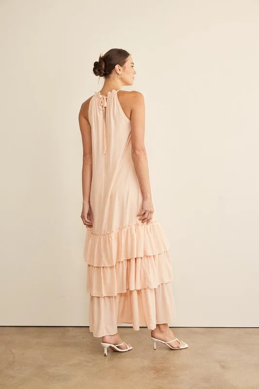 Peach Halter Neck Ruffled Maxi Dress