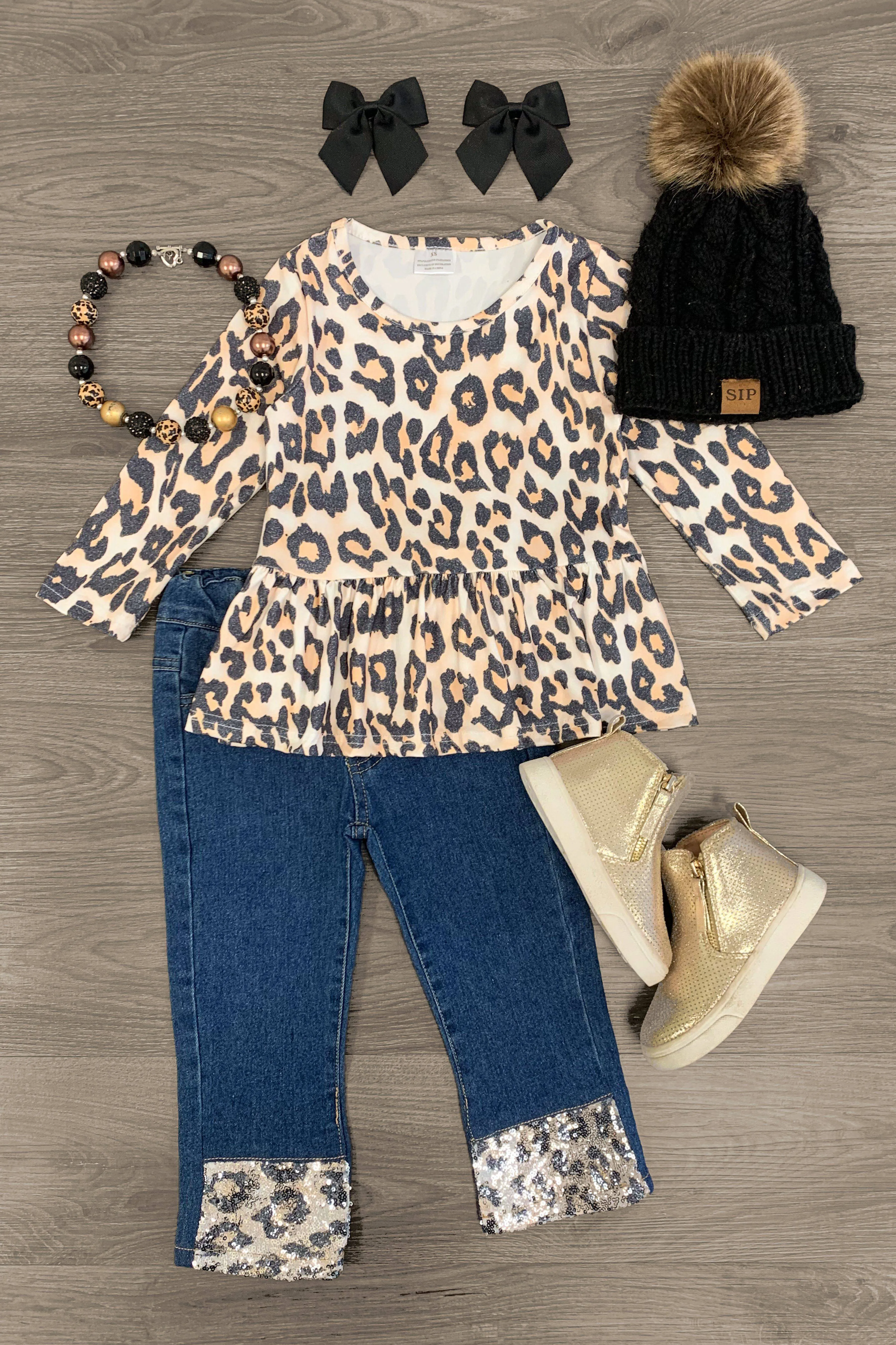 Peplum Cheetah Sequin Denim Pant Set