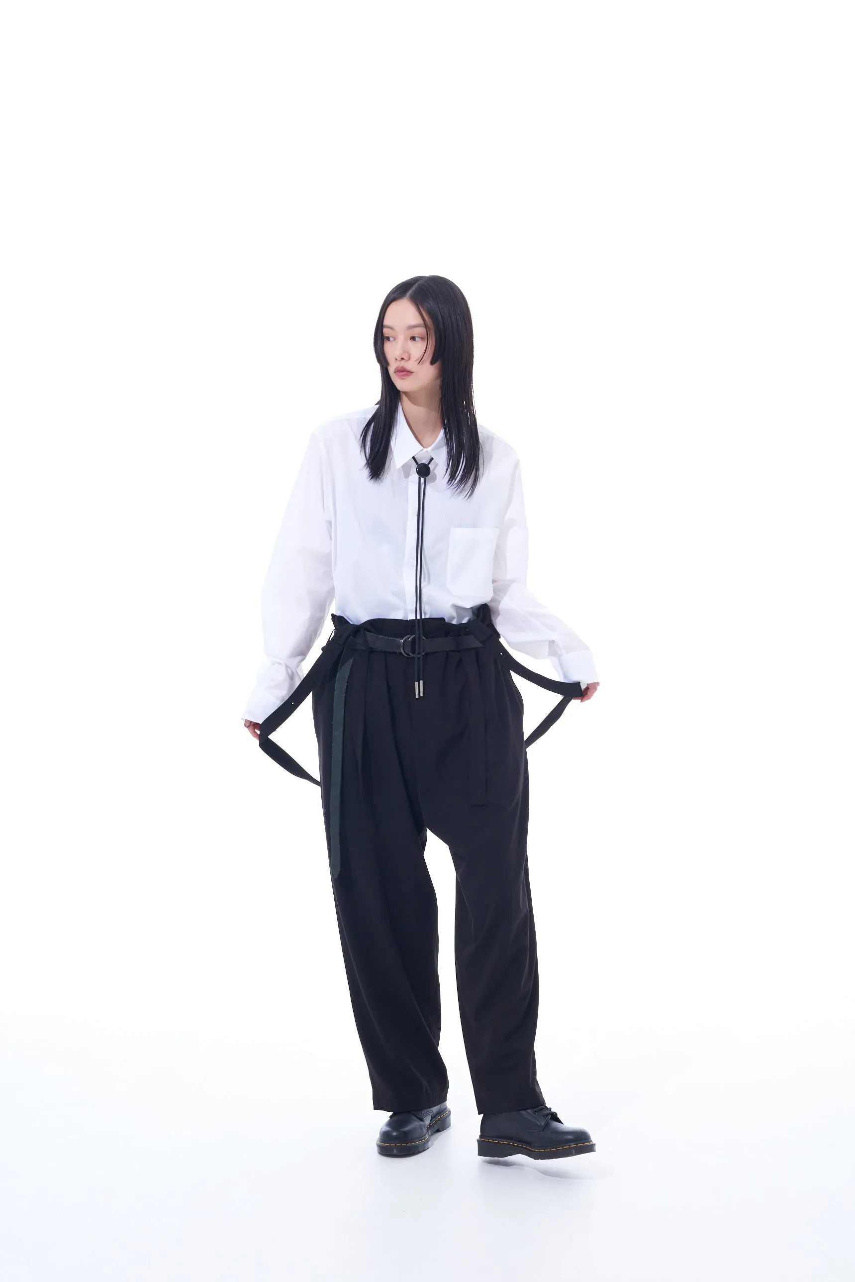 PE/RAYON GABARDINE STRETCH SUSPENDER PANTS WITH HEM BUTTON DETAIL