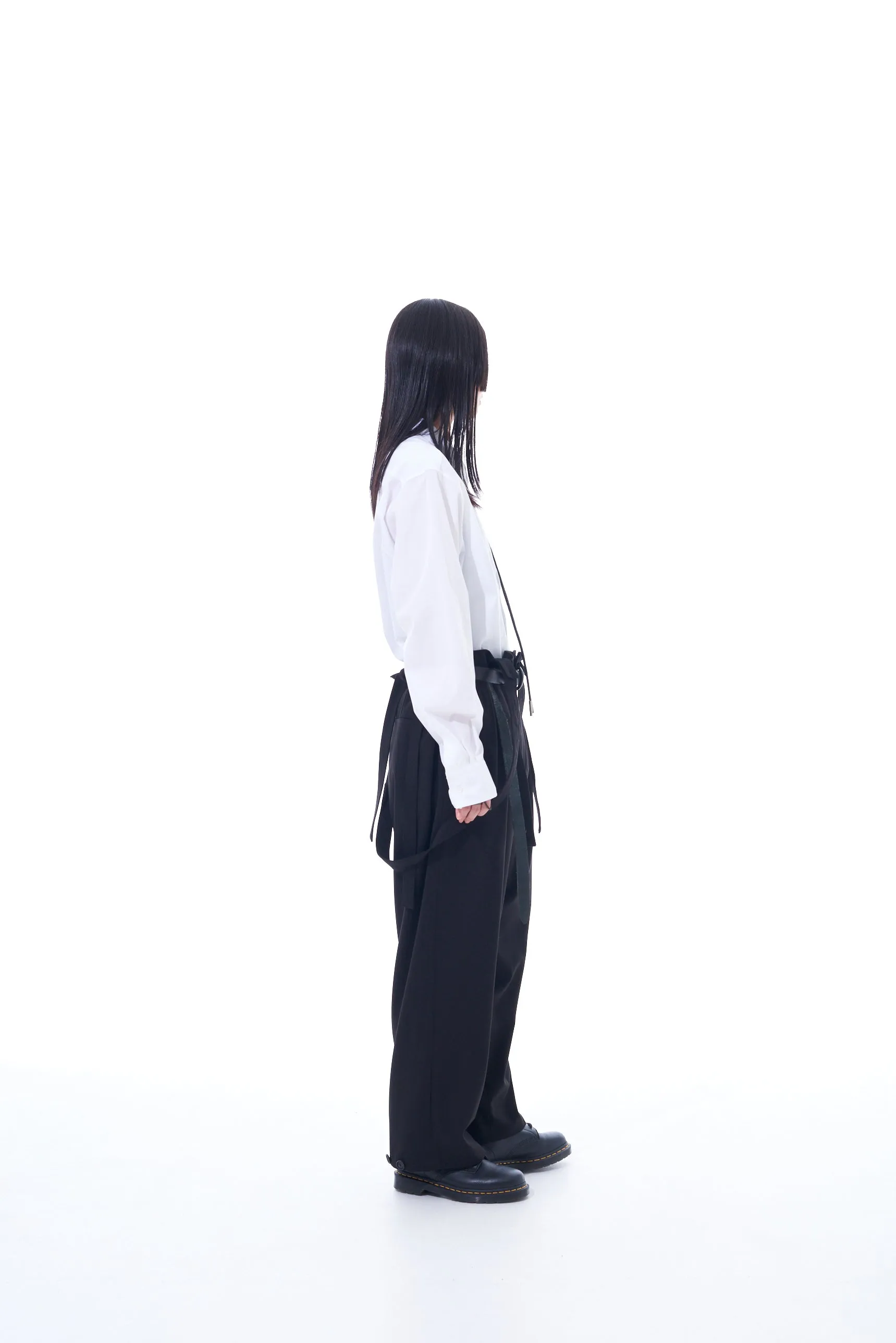 PE/RAYON GABARDINE STRETCH SUSPENDER PANTS WITH HEM BUTTON DETAIL