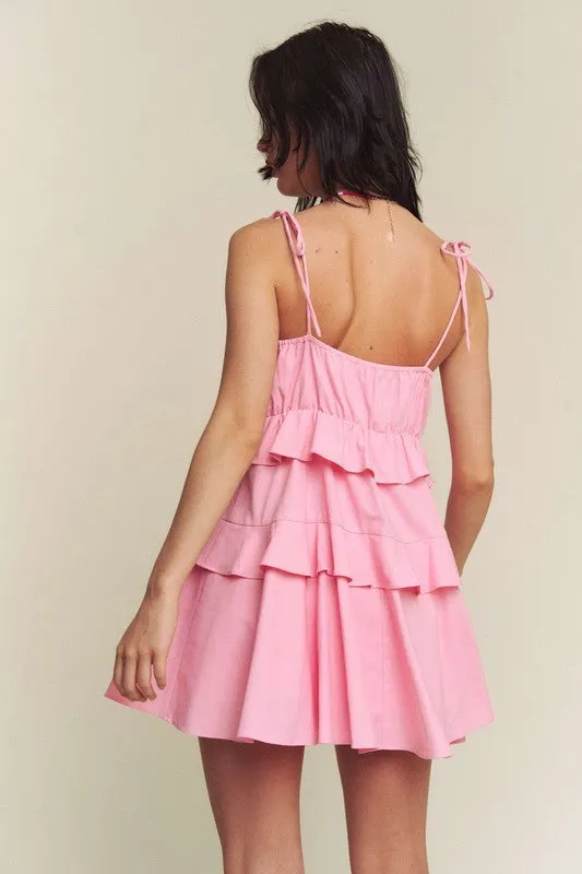 Pink Linen Tie Spaghetti Ruffle Detail Mini Dress