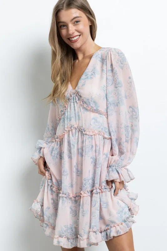 Pink Long Sleeve Butterfly Bust Dress In A Floral Print