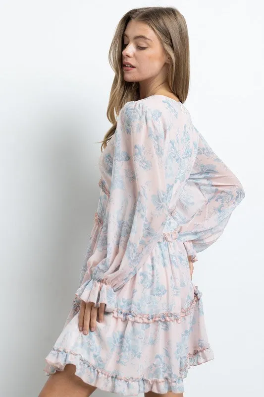 Pink Long Sleeve Butterfly Bust Dress In A Floral Print