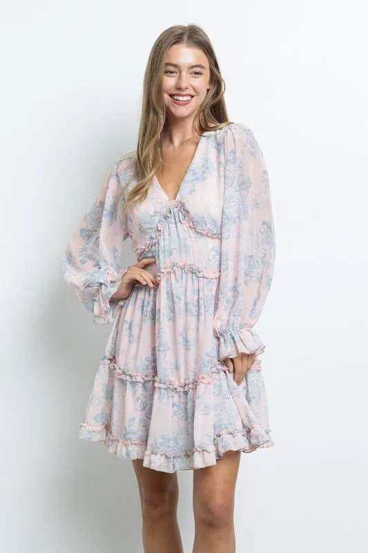 Pink Long Sleeve Butterfly Bust Dress In A Floral Print