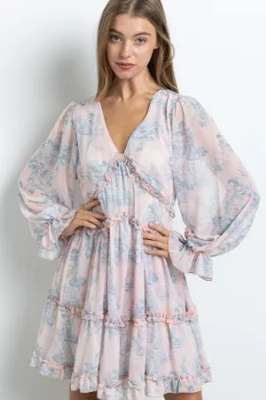 Pink Long Sleeve Butterfly Bust Dress In A Floral Print