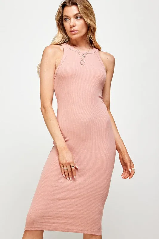 Pink Ribbed Crew Neck Sleeveless Bodycon Midi Dresses