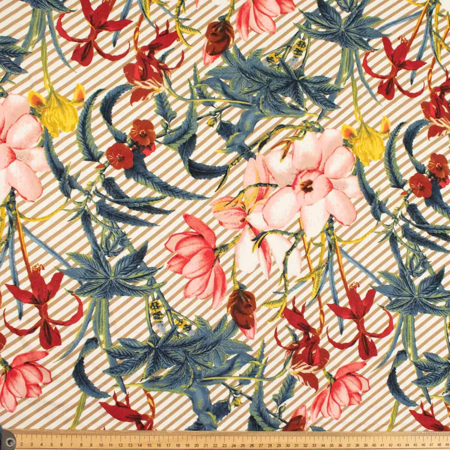 Printed Soft Touch Crepe Red & Pink Flowers on Beige Stripes