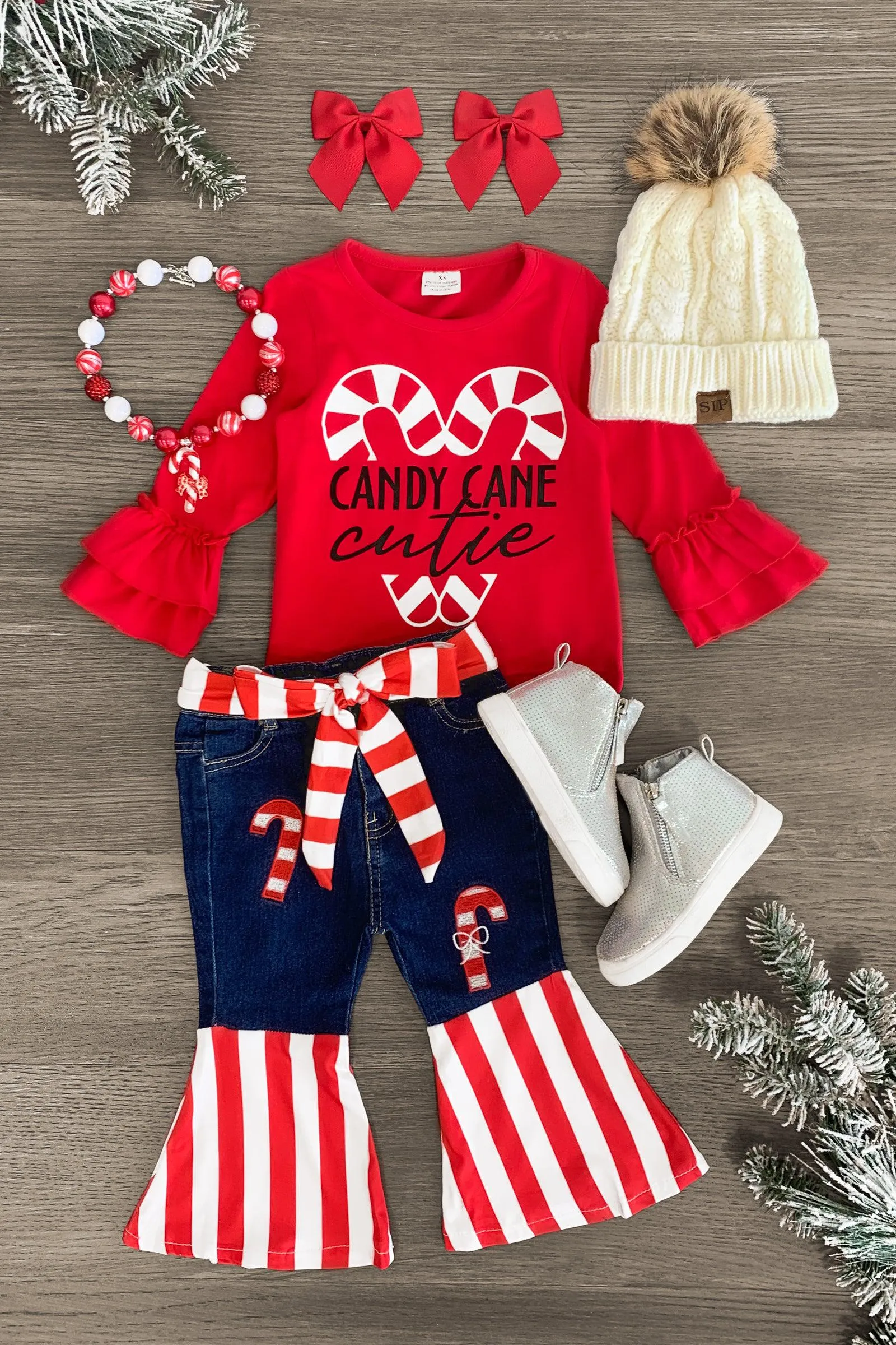 "Candy Cane Cutie" Denim Bell Bottom Set