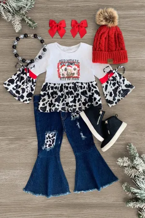 "Christmas With My Herd" Cow Denim Bell Bottom Set