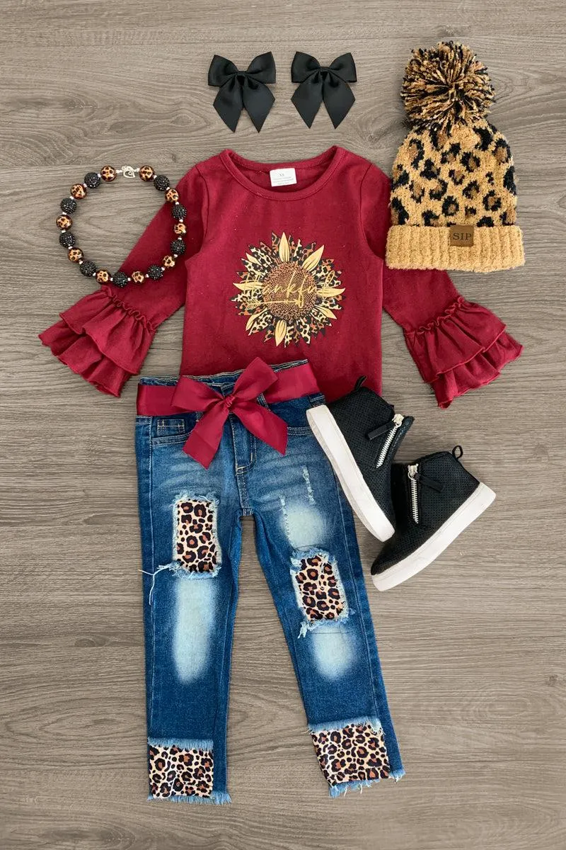 "Thankful" Burgundy Leopard Denim Set