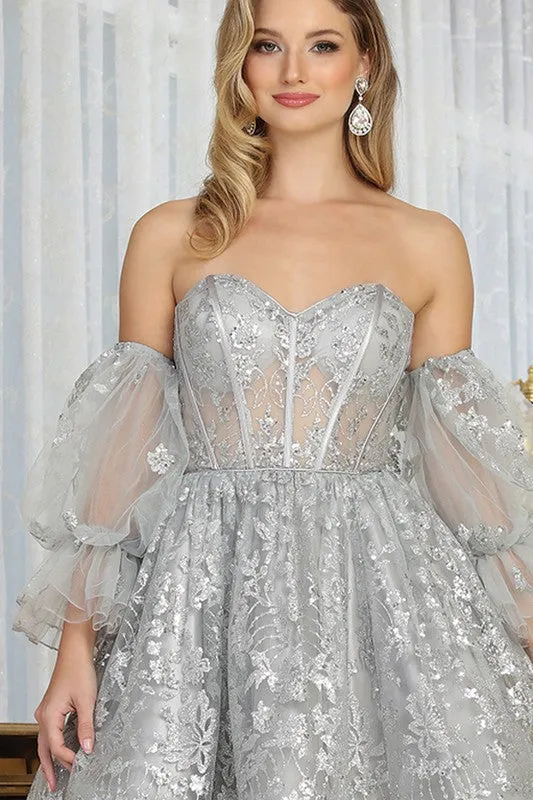 Silver Sweetheart Bustier Illusion Top Glitter Print Cocktail Dress