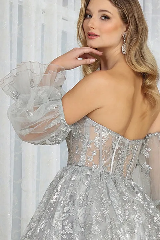 Silver Sweetheart Bustier Illusion Top Glitter Print Cocktail Dress