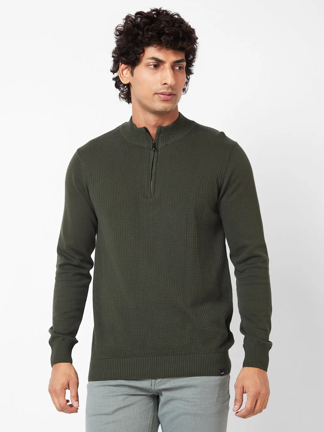 Spykar Polo Collar Full Sleeves Green Sweater For Men