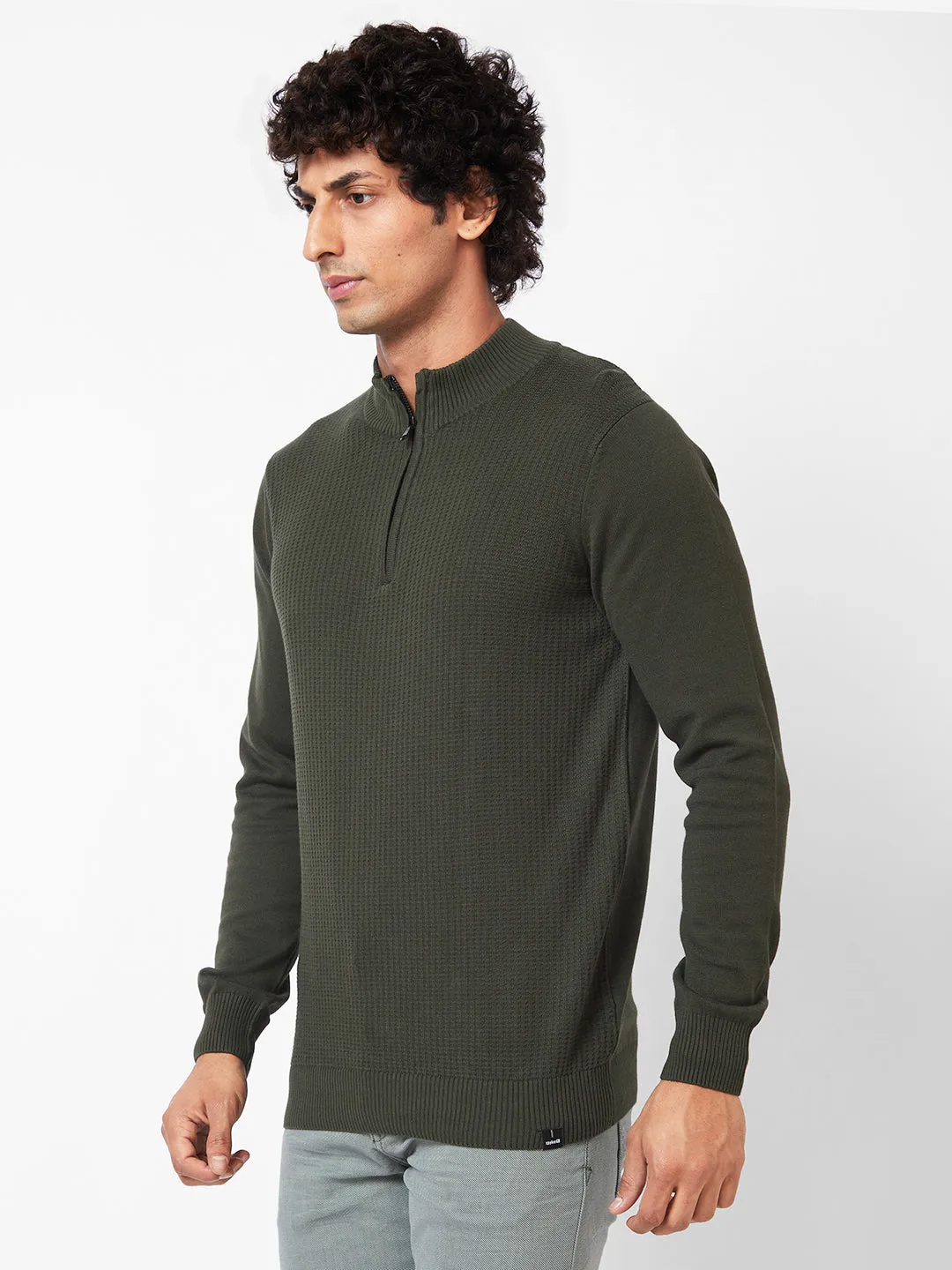 Spykar Polo Collar Full Sleeves Green Sweater For Men