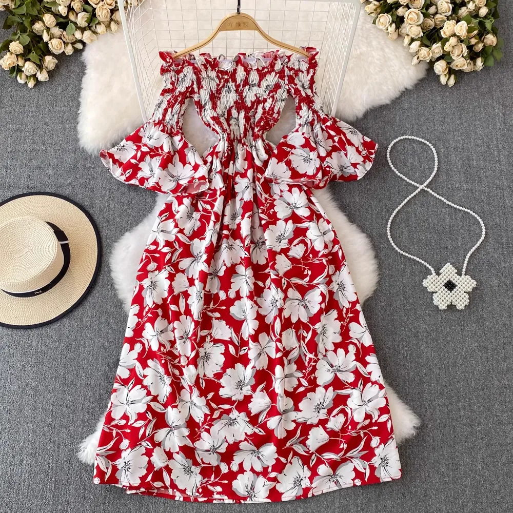 Summer Retro Off Shoulder Mid Length A Line Floral Dress 1648