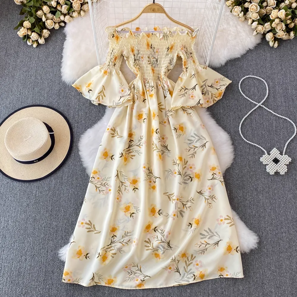 Summer Retro Off Shoulder Mid Length A Line Floral Dress 1648