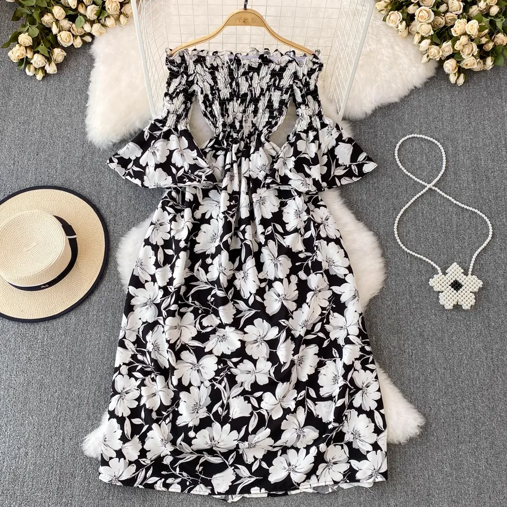 Summer Retro Off Shoulder Mid Length A Line Floral Dress 1648