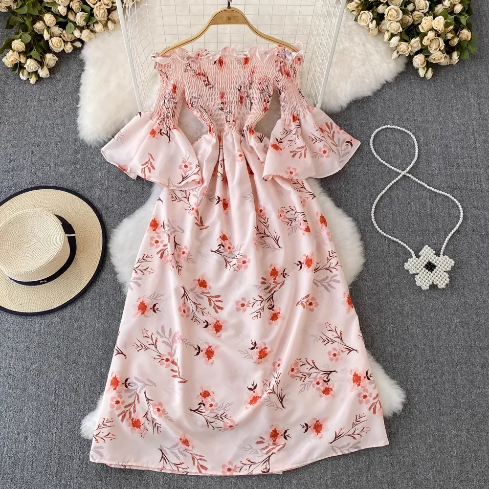 Summer Retro Off Shoulder Mid Length A Line Floral Dress 1648