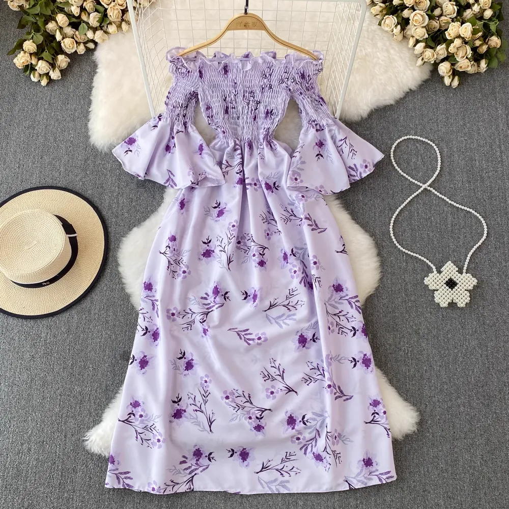 Summer Retro Off Shoulder Mid Length A Line Floral Dress 1648