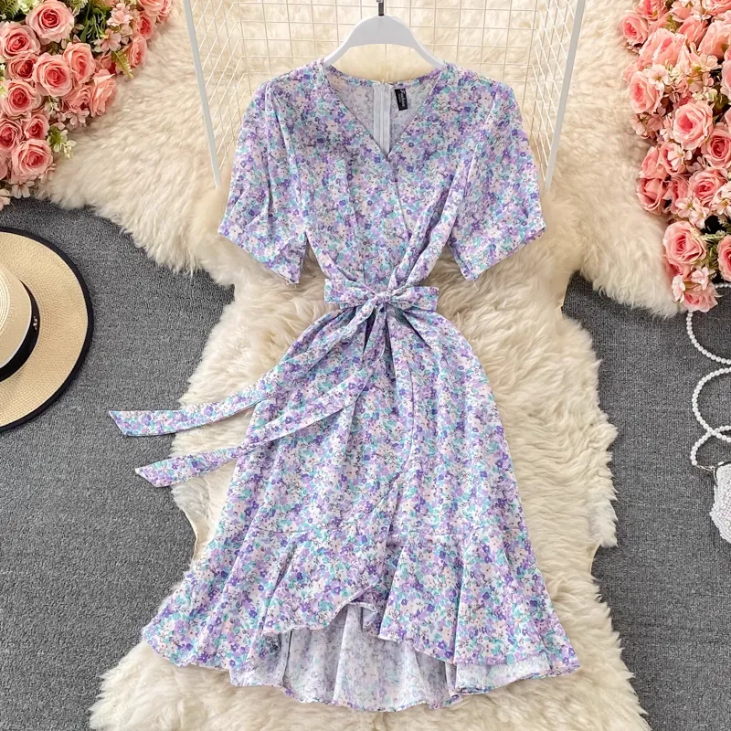 Summer V Neck Floral Dress High Waist Sweet Ruffled A Line Skirt 1317