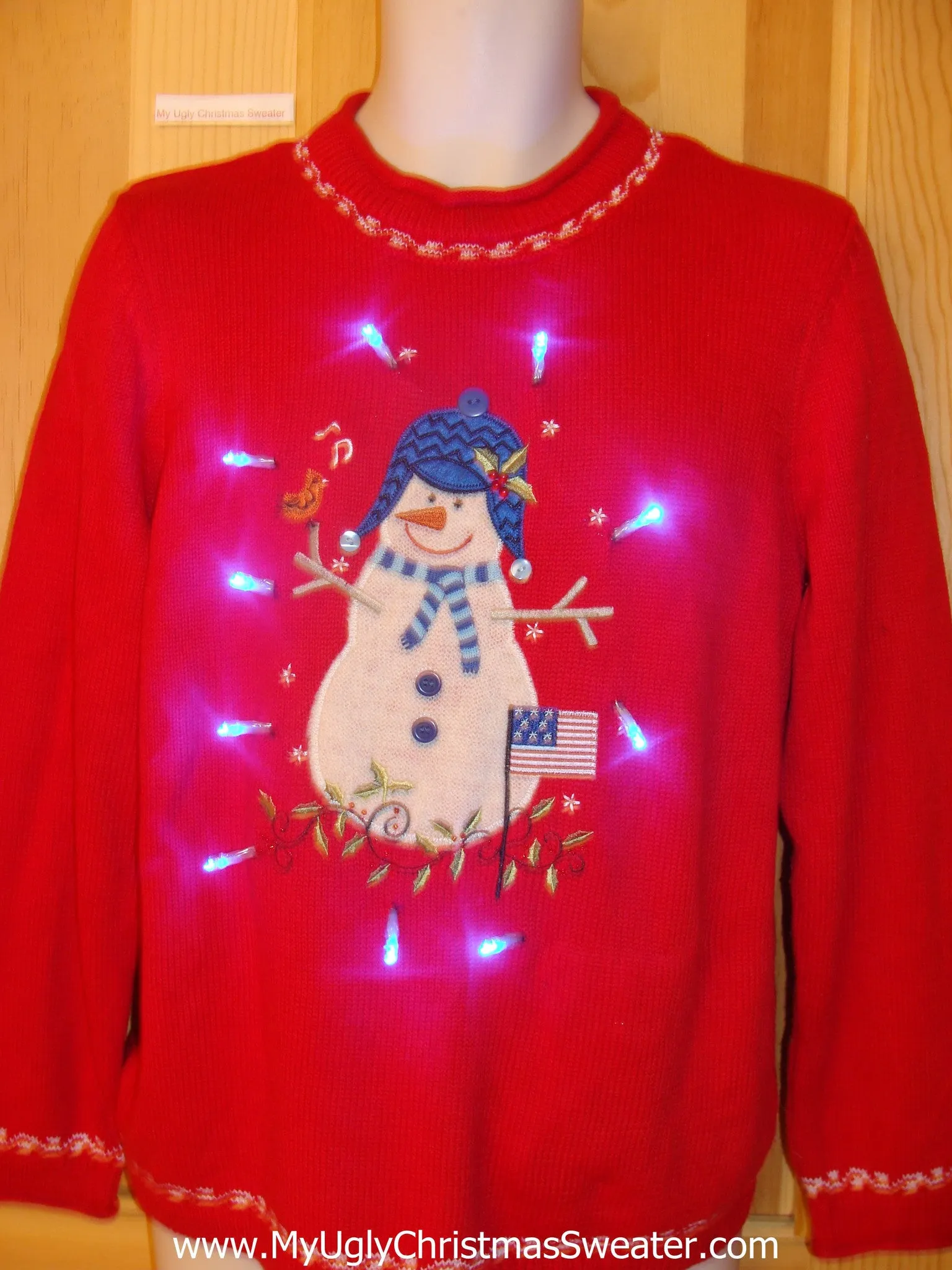 Tacky Red Light Up Christmas Sweater Huge Snowman Pullover