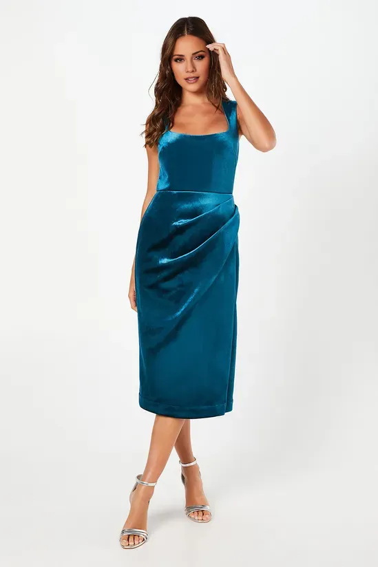 Teal Square Neck Bonded Velvet Pencil Dress Wedding Guest Dresses Bridesmaid Dresses