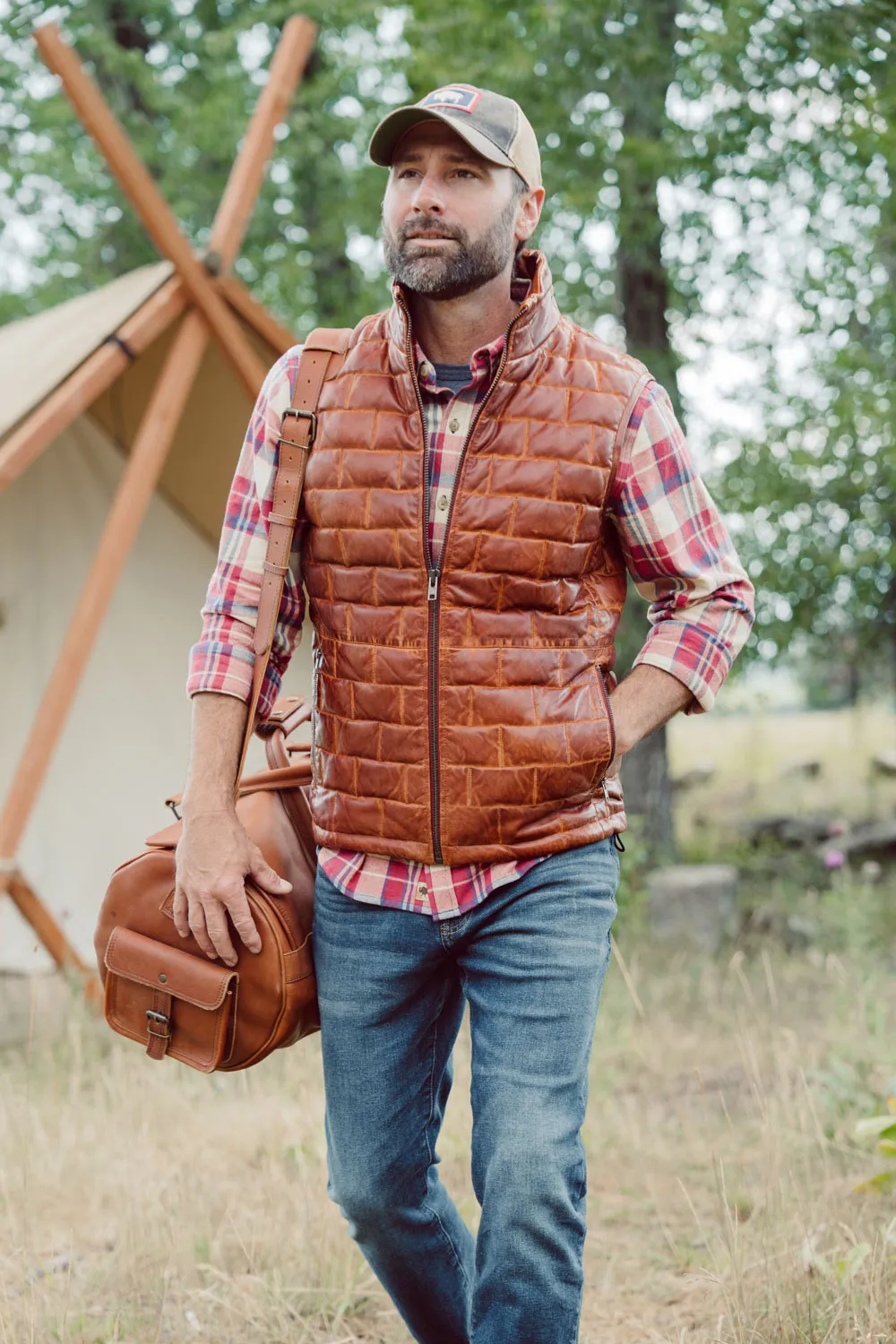 Teton Leather Light Down Vest | Whiskey Brown