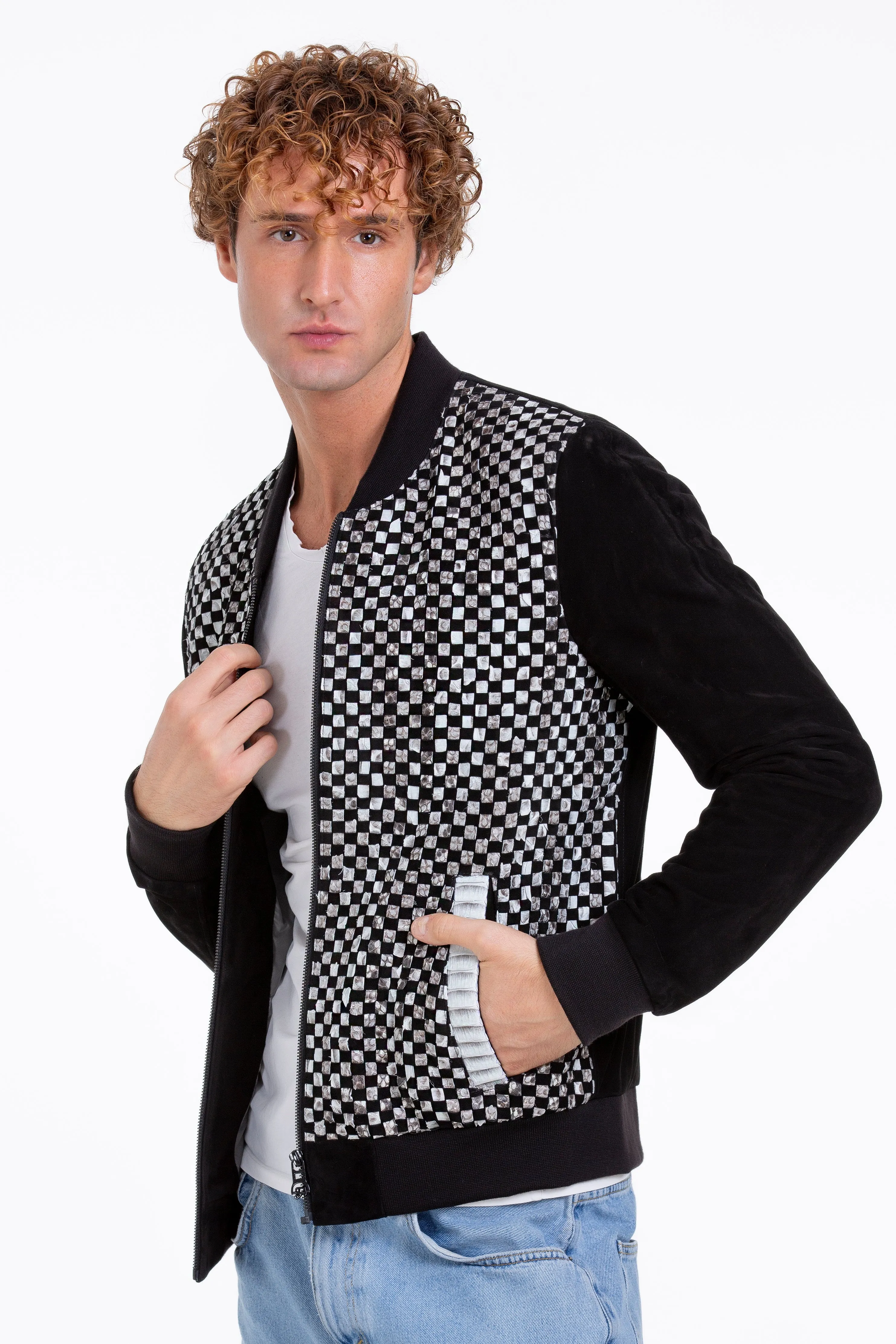 The Bedford Pythn Skin Handwoven Suede Leather Black Men Jacket